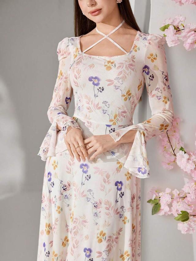 floral print square neck maxi dress with bell sleeves