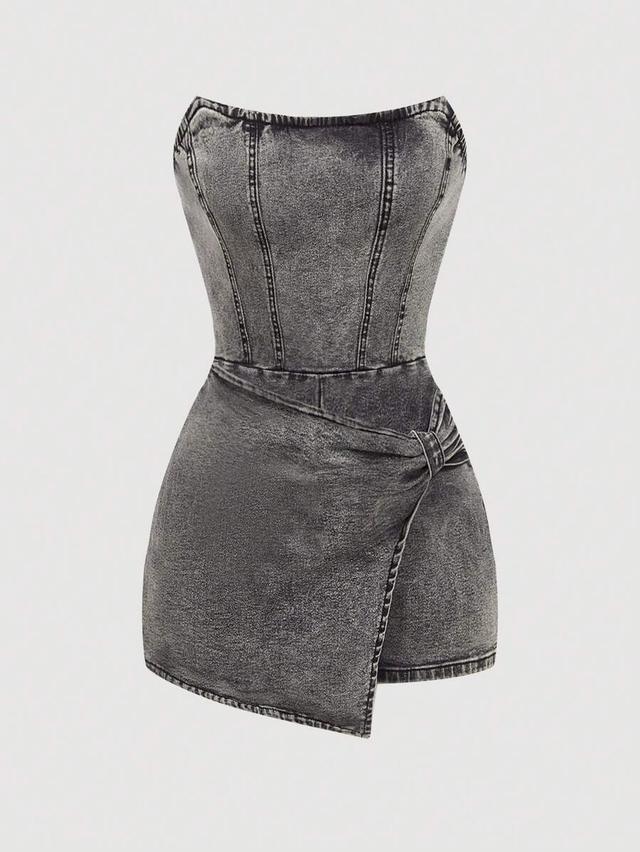 grey acid wash denim tube top jumpsuit