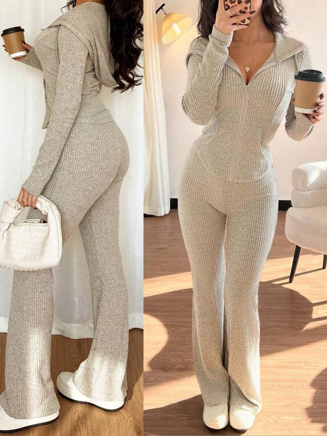 ribbed knit hooded zip jacket and flare pants set