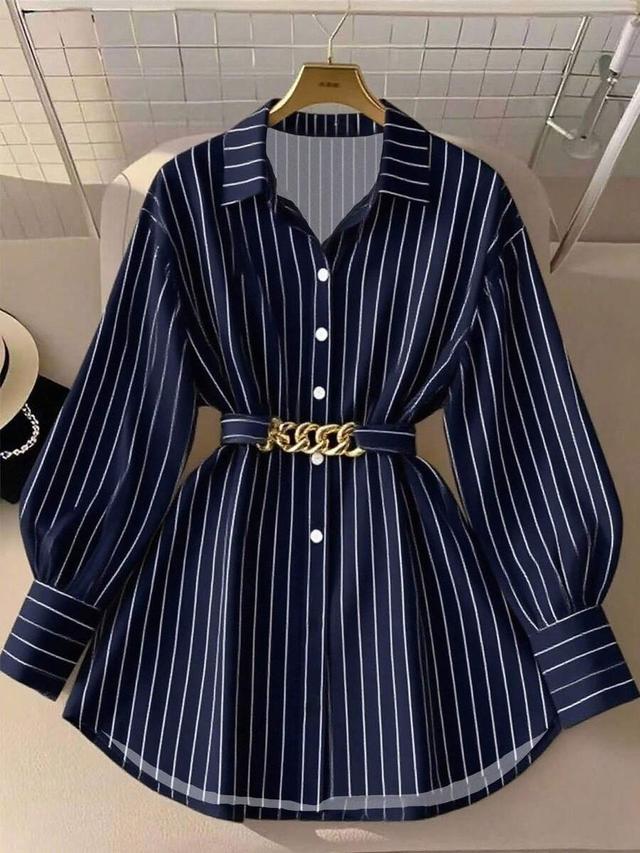 navy blue vertical striped collared shirt with belt