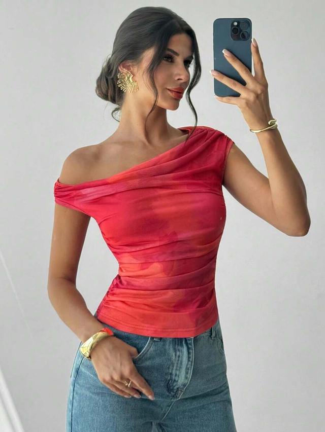 red floral print asymmetrical pleated mesh top
