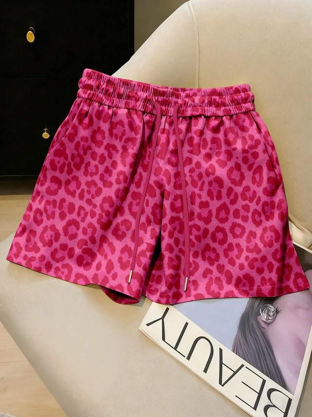 pink leopard print casual elastic waist shorts