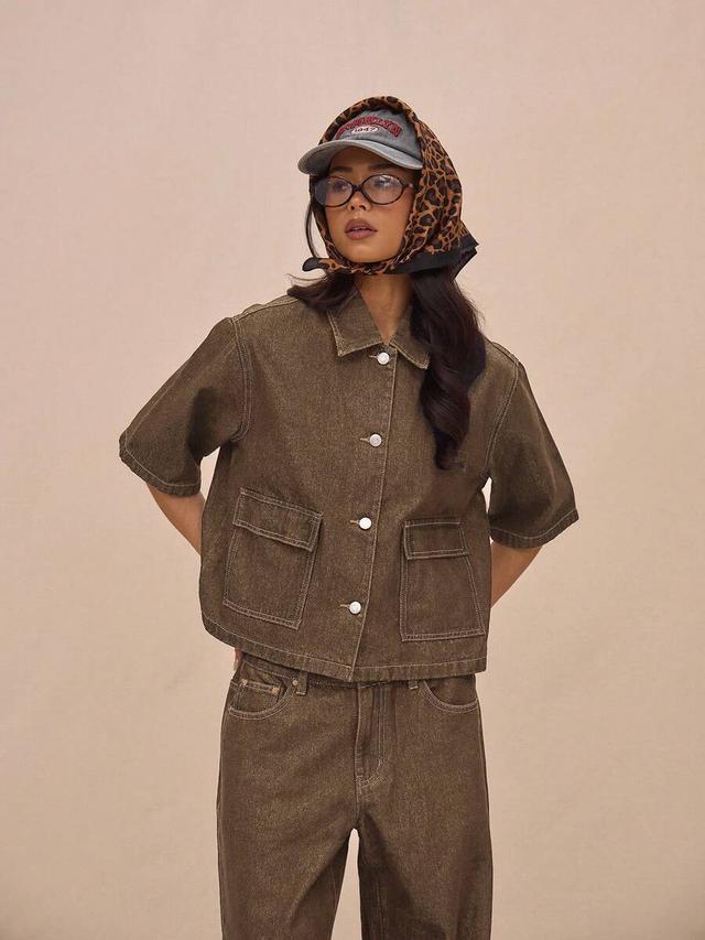 boxy fit brown denim collared button top
