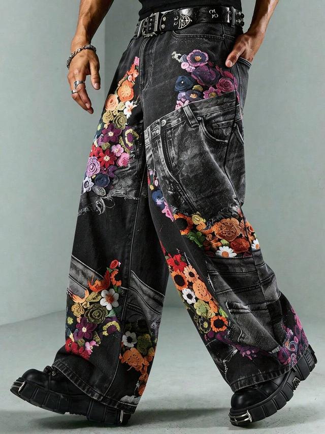 men's black floral patchwork digital print denim jeans