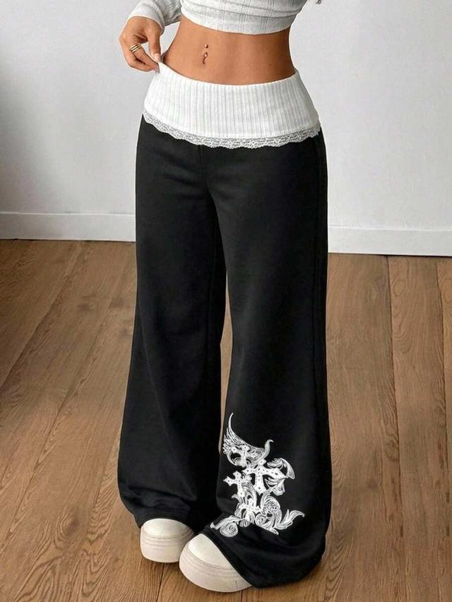 y2k rib knit graphic black and white pants