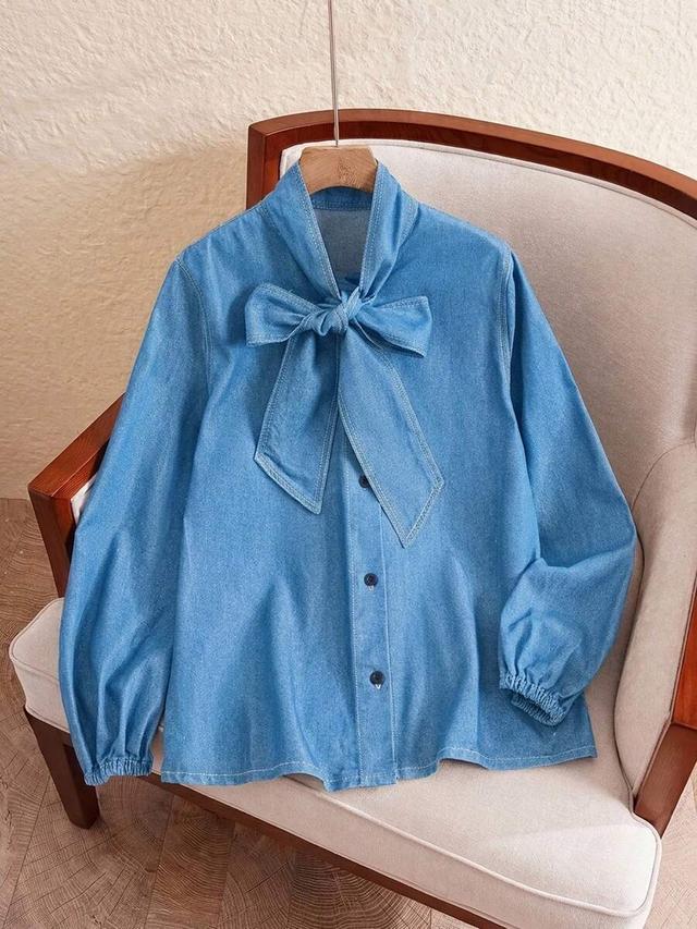light blue denim tie-neck long sleeve blouse