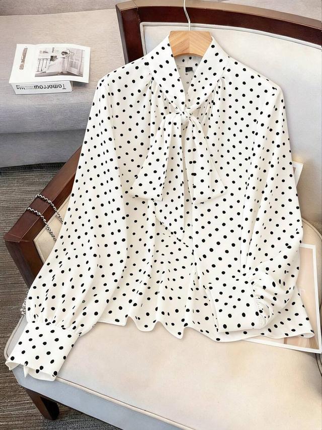 white and black polka dot pussybow blouse