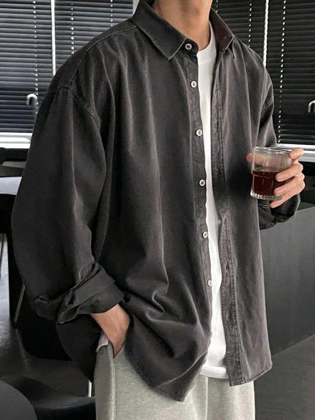 charcoal grey washed cotton long sleeve button down shirt