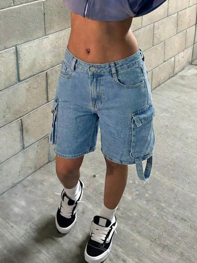 light wash denim cargo shorts with utility straps