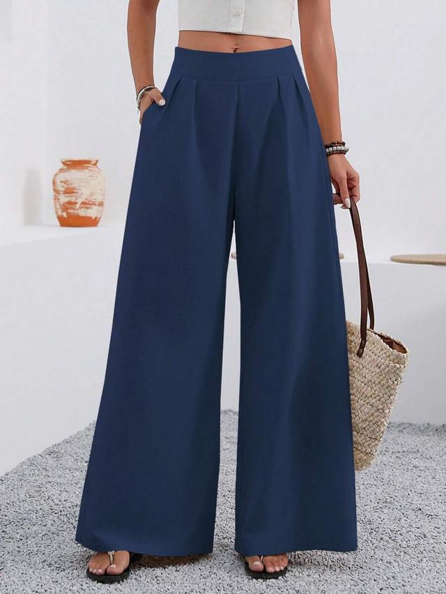 solid navy blue wide leg casual trousers