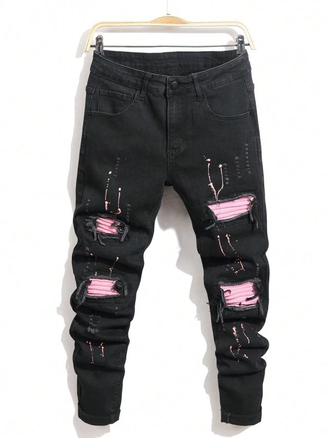 black ripped skinny denim jeans with pink underlay