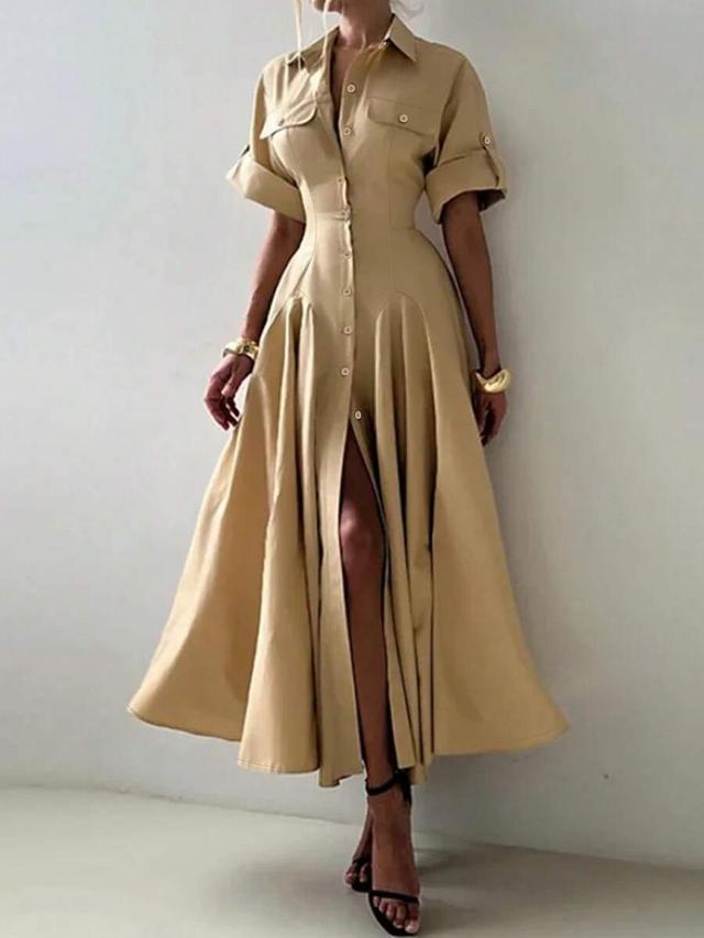 elegant beige short sleeve button-down shirt dress