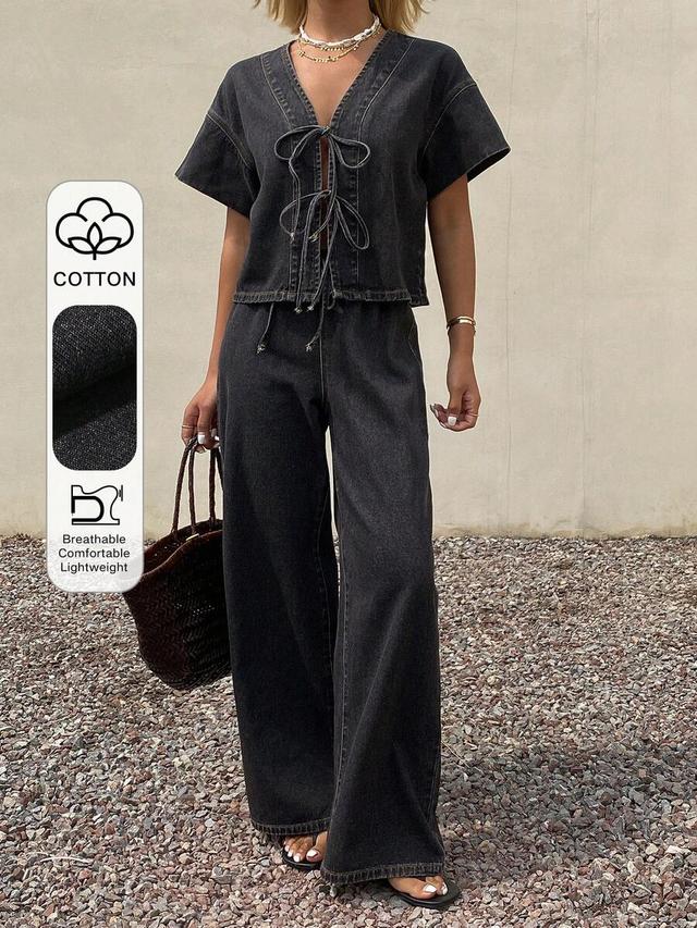 black denim short sleeve tie front top and pants