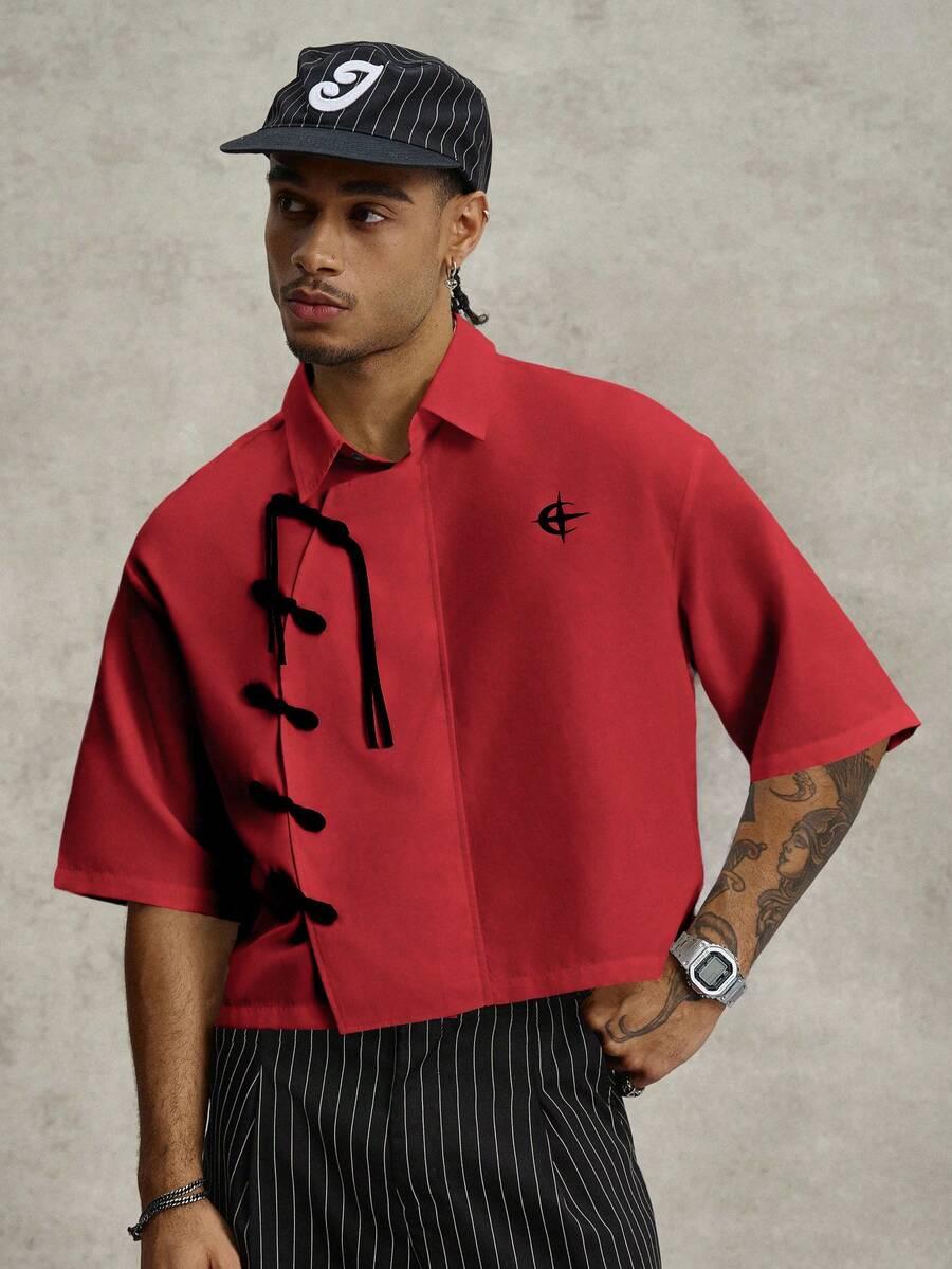 red chinese style pipa frog button boxy shirt