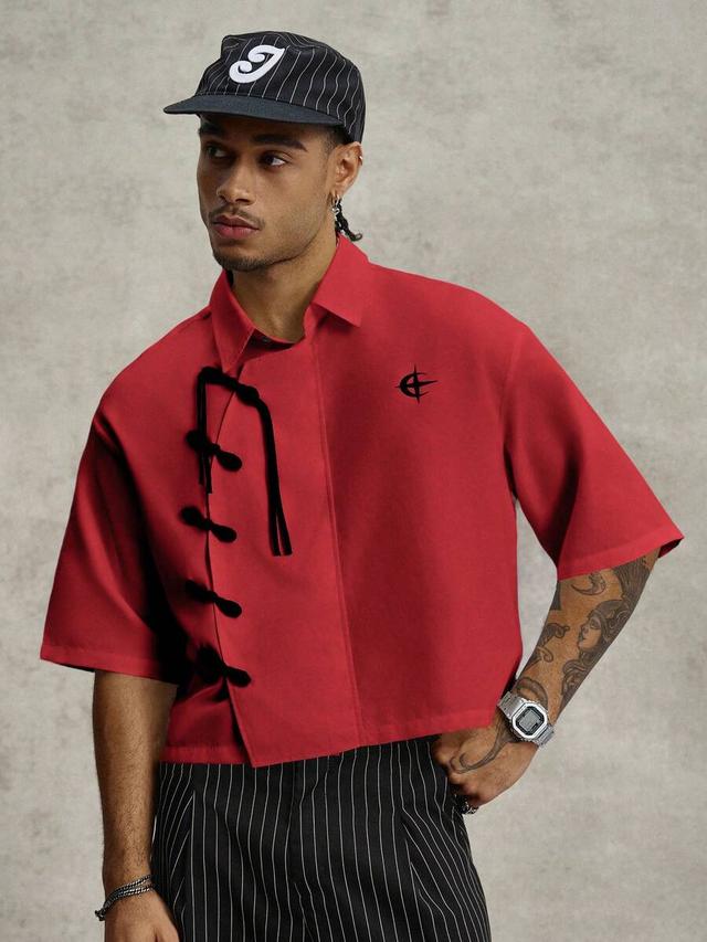 red chinese style pipa frog button boxy shirt