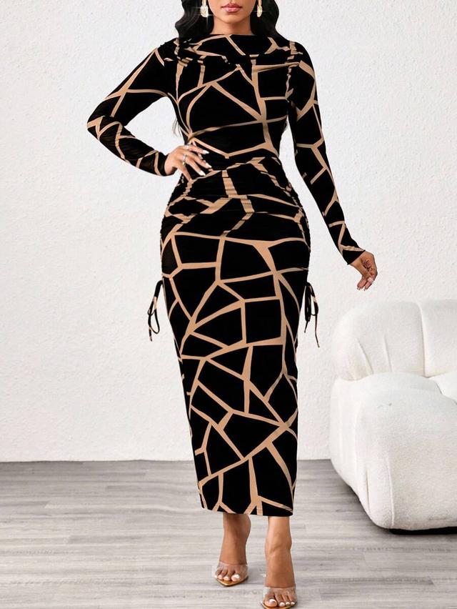 contrast color geometric print slim fit long sleeve dress