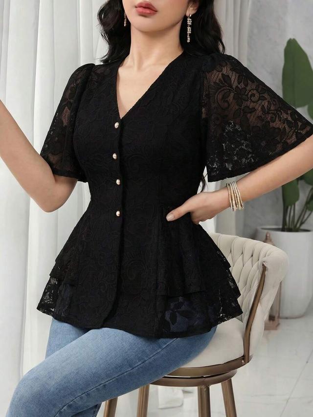 feyla women's elegant solid black lace peplum shirt