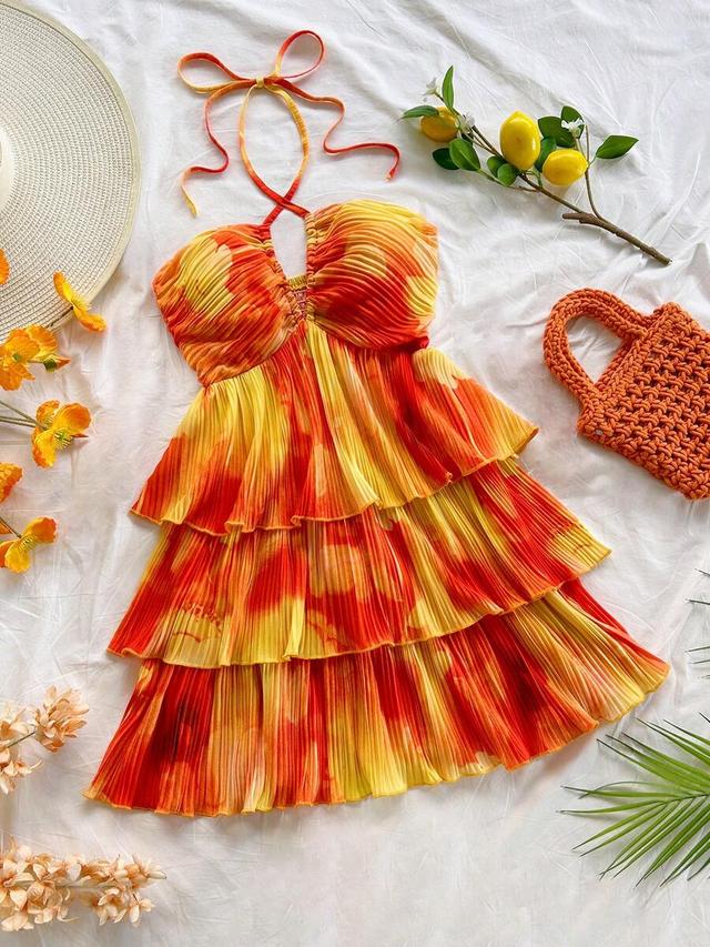 golden yellow and orange pleated tiered mini dress