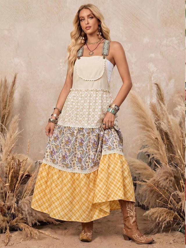 boho tiered floral and plaid cotton pinafore dress