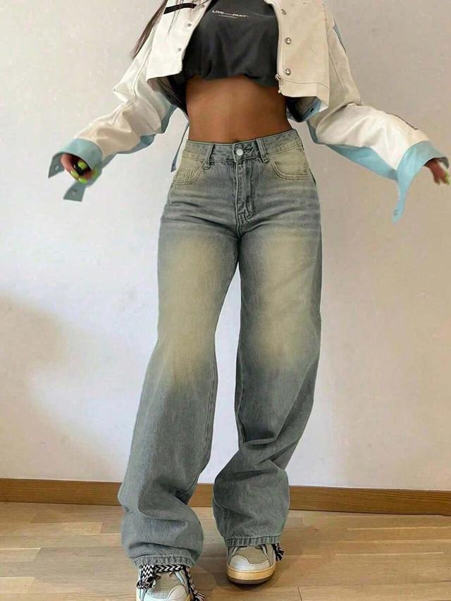 light blue vintage wash loose stacked straight-leg jeans