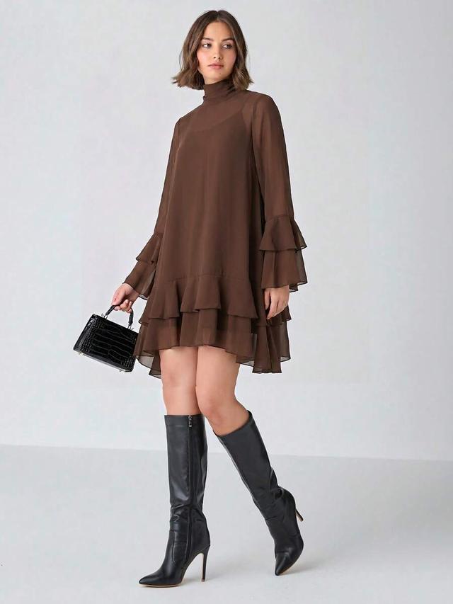 brown stand collar flare sleeve layered ruffle dress