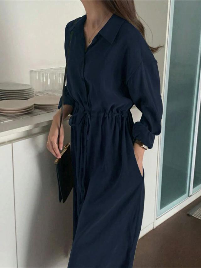 navy blue casual drawstring waist button front shirt dress