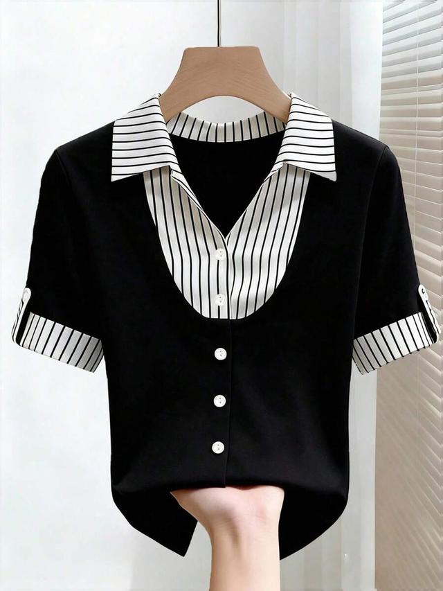 black and white striped short sleeve blouse