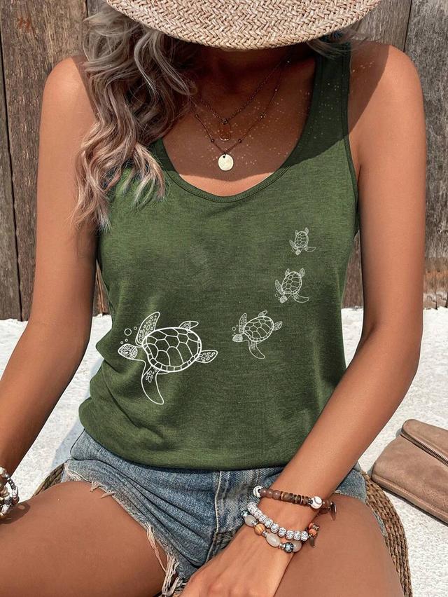 olive green turtle print casual tank top