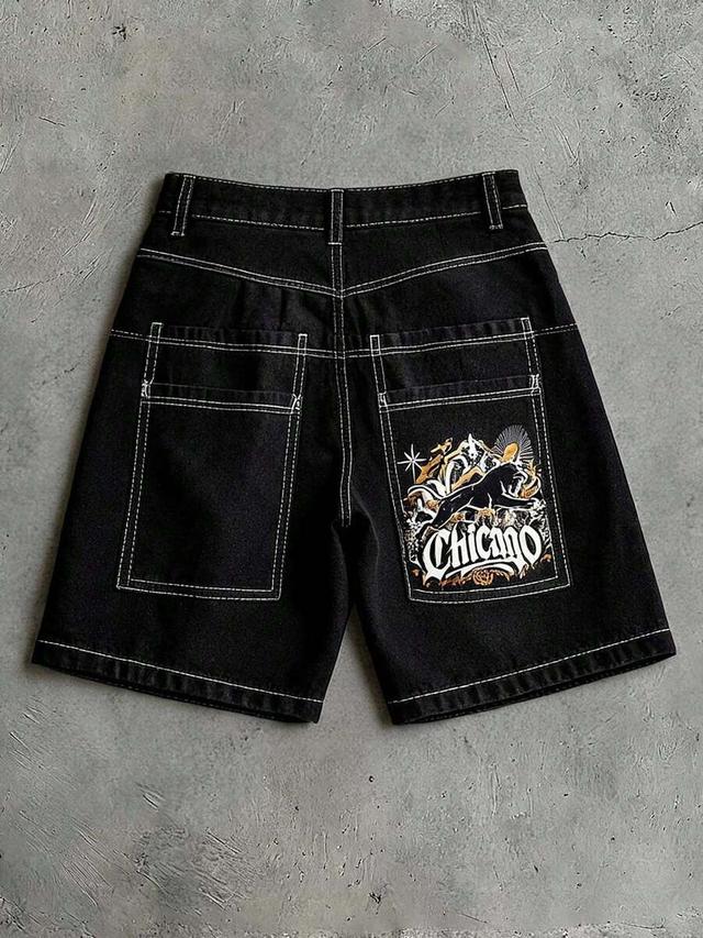 axepeak men's black denim shorts with graphic pocket