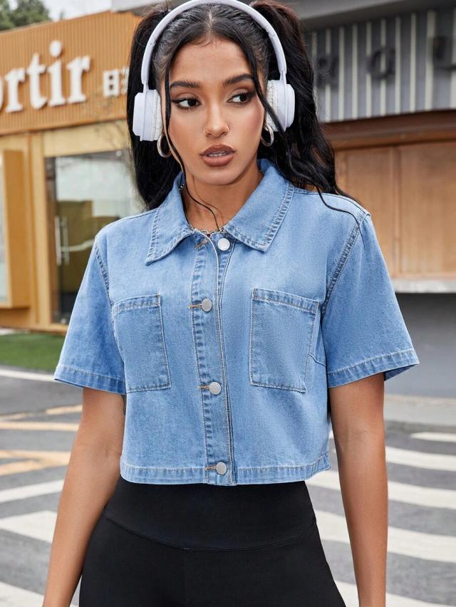 light wash short sleeve denim crop shirt