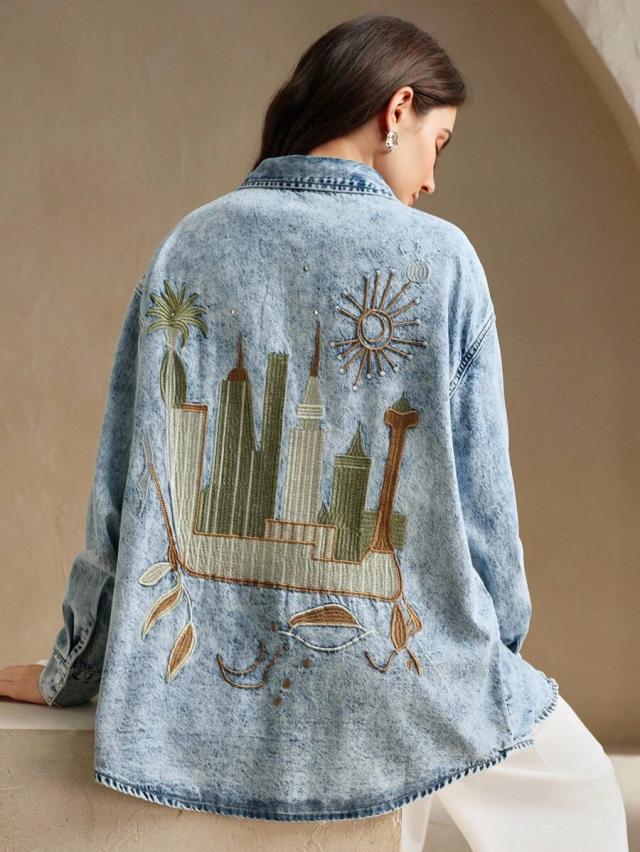 acid wash denim shirt with city skyline embroidery