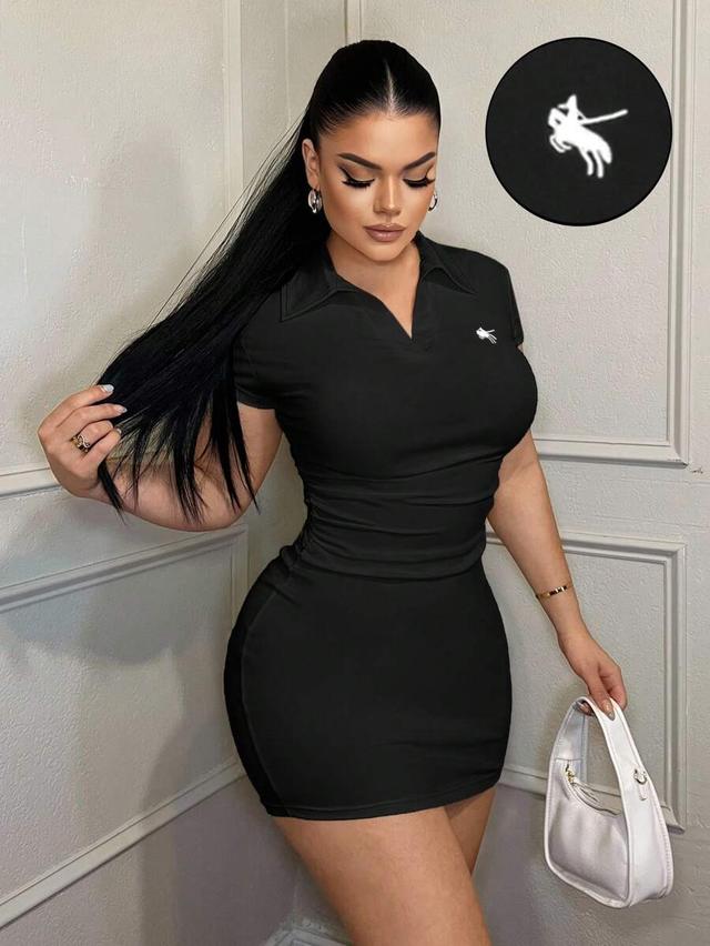 black collared embroidered minimalist bodycon dress