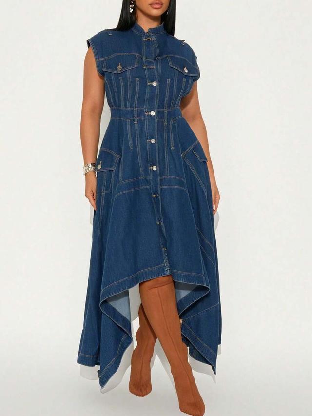 women's dark wash denim midi dress with button front