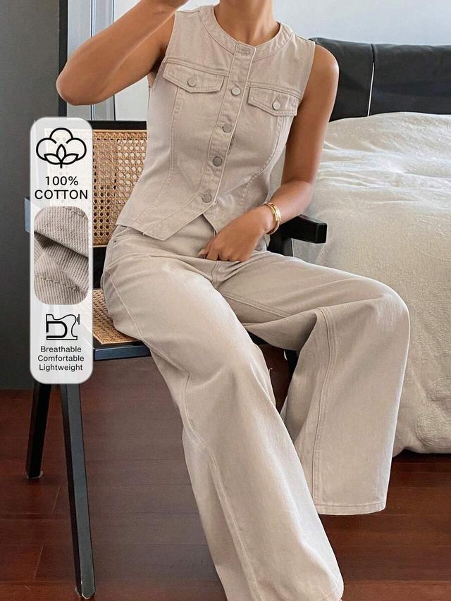 beige cotton denim button-up vest and wide-leg trousers set