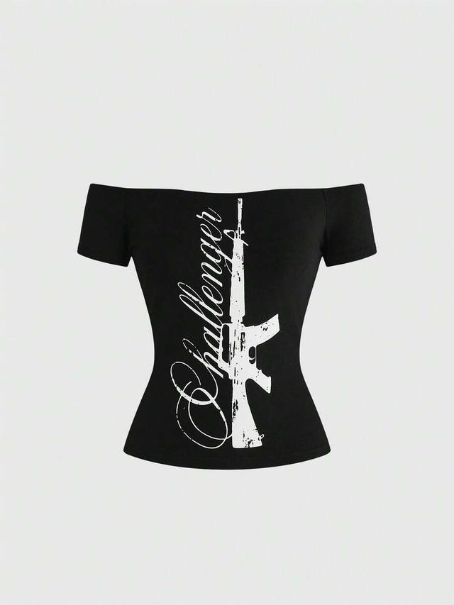 black with graphic off-shoulder slogan print bodycon top