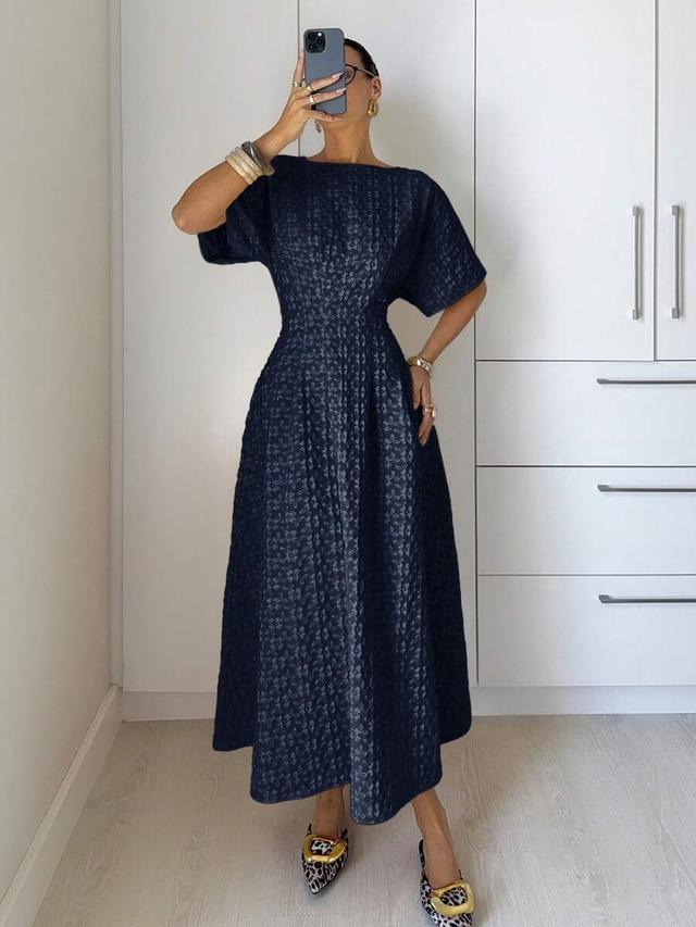siren gaze navy blue jacquard boat neck midi dress