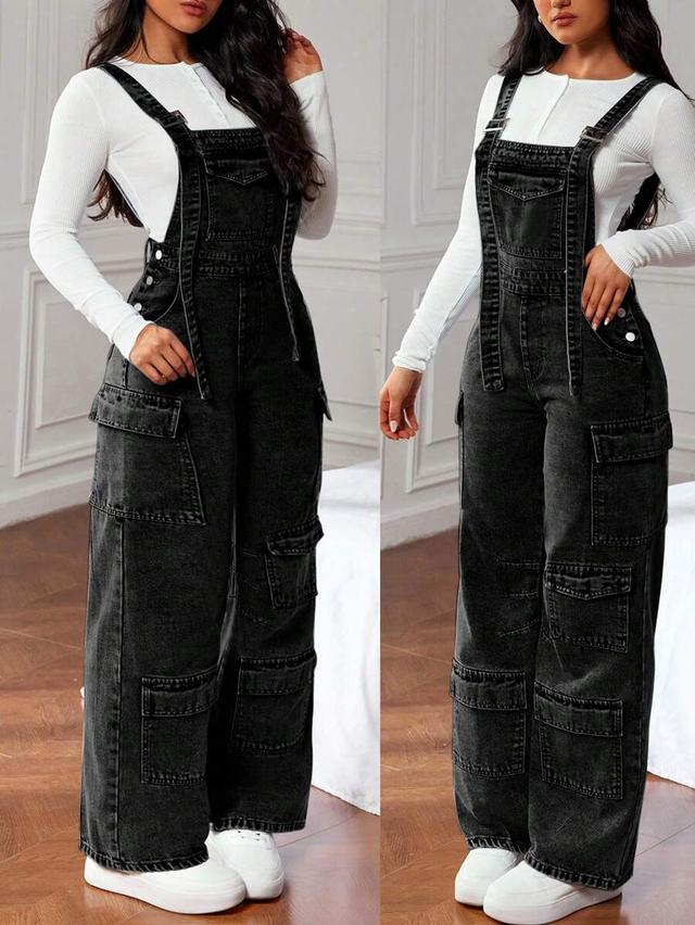 grey denim cargo dungarees with multiple utility pockets