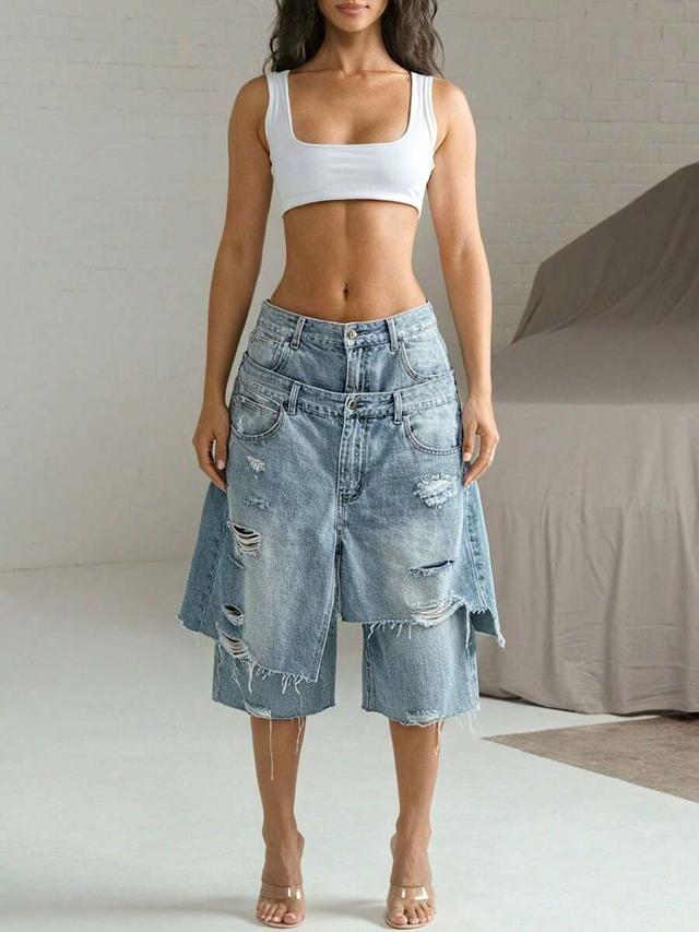 distressed layered denim bermuda shorts