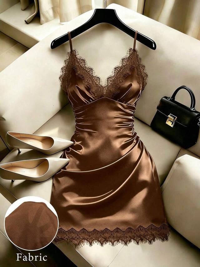 brown satin slip dress with lace trim
