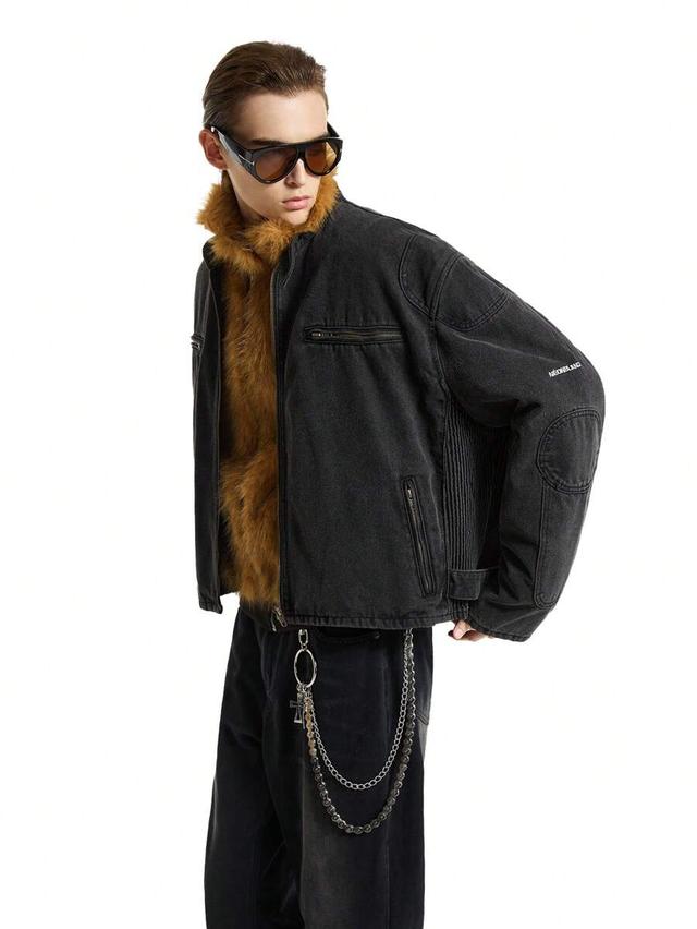 washed denim zip-up jacket with ribbed side panels