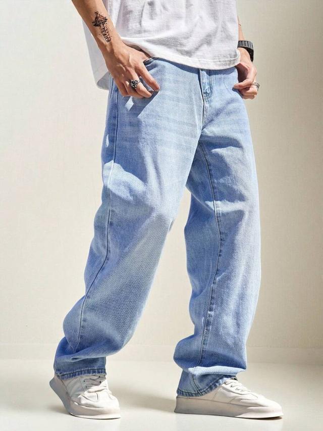 ronvexi men light blue bleach wash straight leg jeans