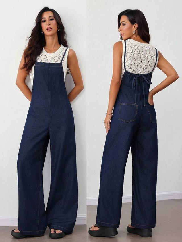 casual loose sleeveless blue denim bib jumpsuit