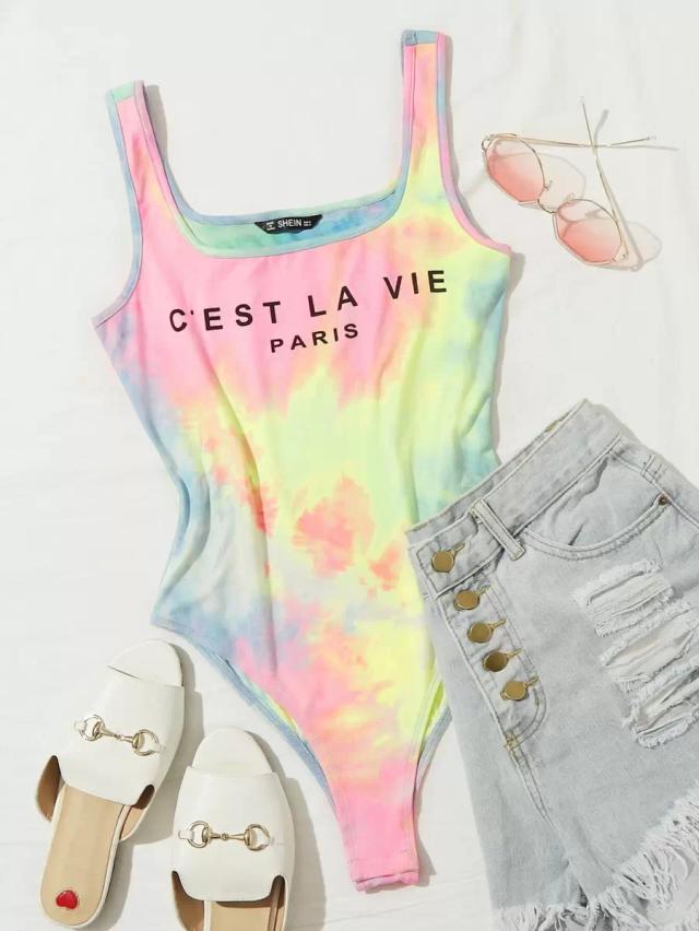 tie dye letter graphic tank bodysuit