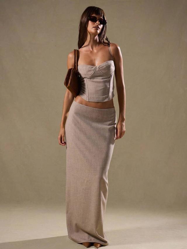 low rise beige linen blend column maxi skirt
