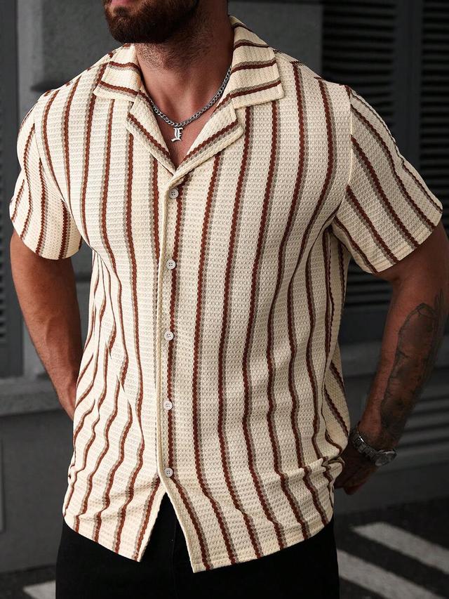 beige striped textured short sleeve button-down shirt
