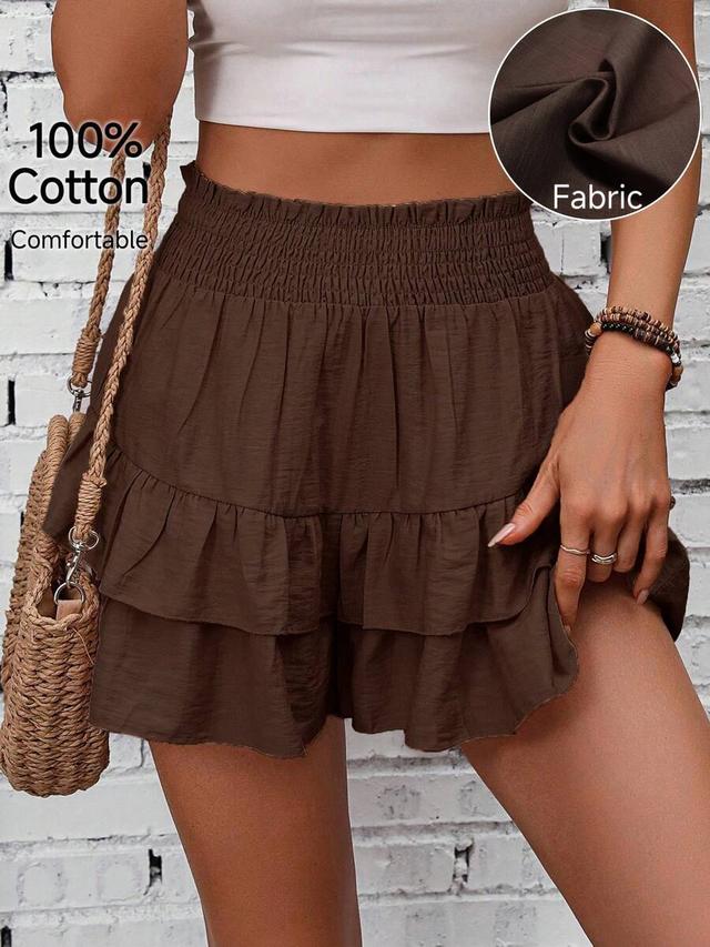 brown shirred waist ruffled hem vacation skort