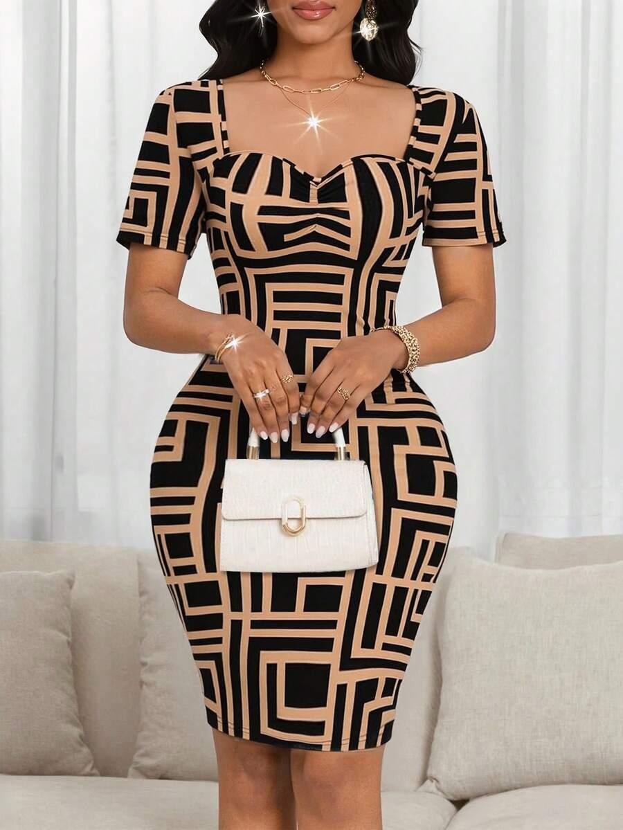 geo print sweetheart neck bodycon dress