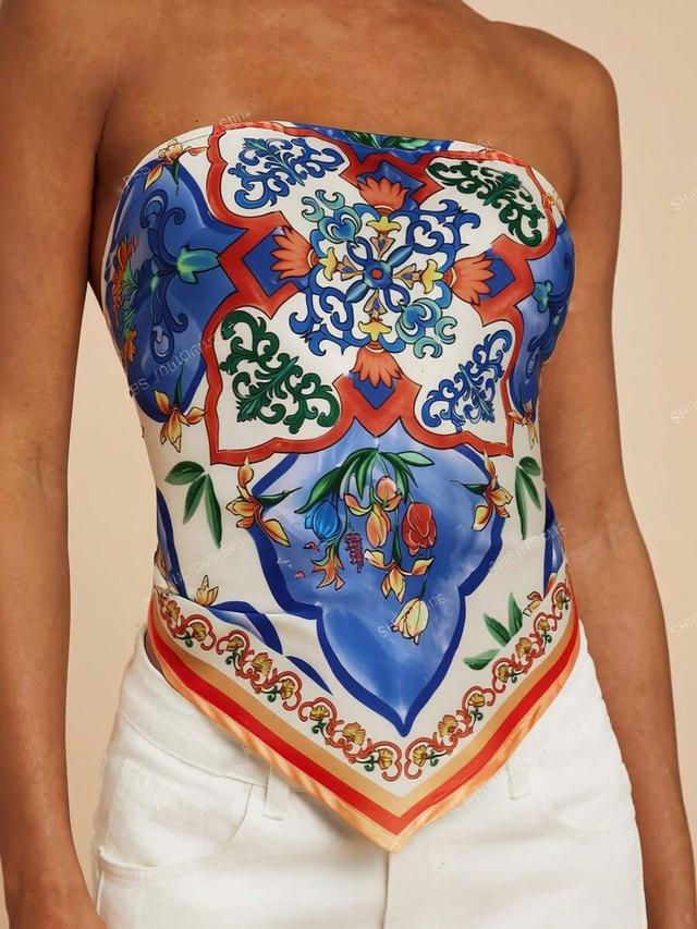 travachic retro print tie-front backless tube top
