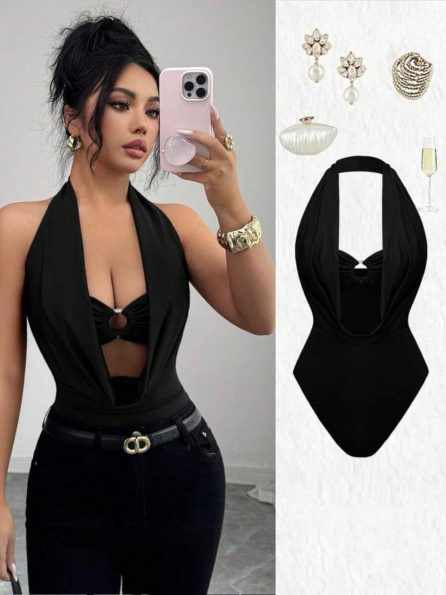 black halter neck hollow out backless bodysuit