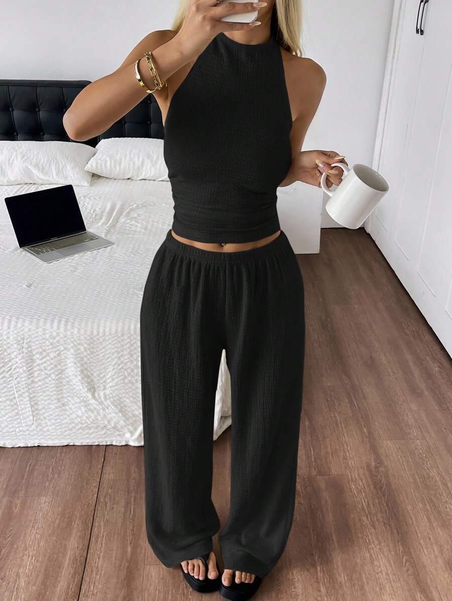black textured knit wide leg lounge trousers